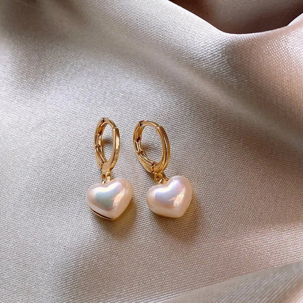 Pearl Heart Charm Earrings in Gold - Picture 2 of 8